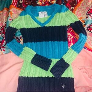 Justice V-Neck Sweater - Lime Green and Navy Stripes